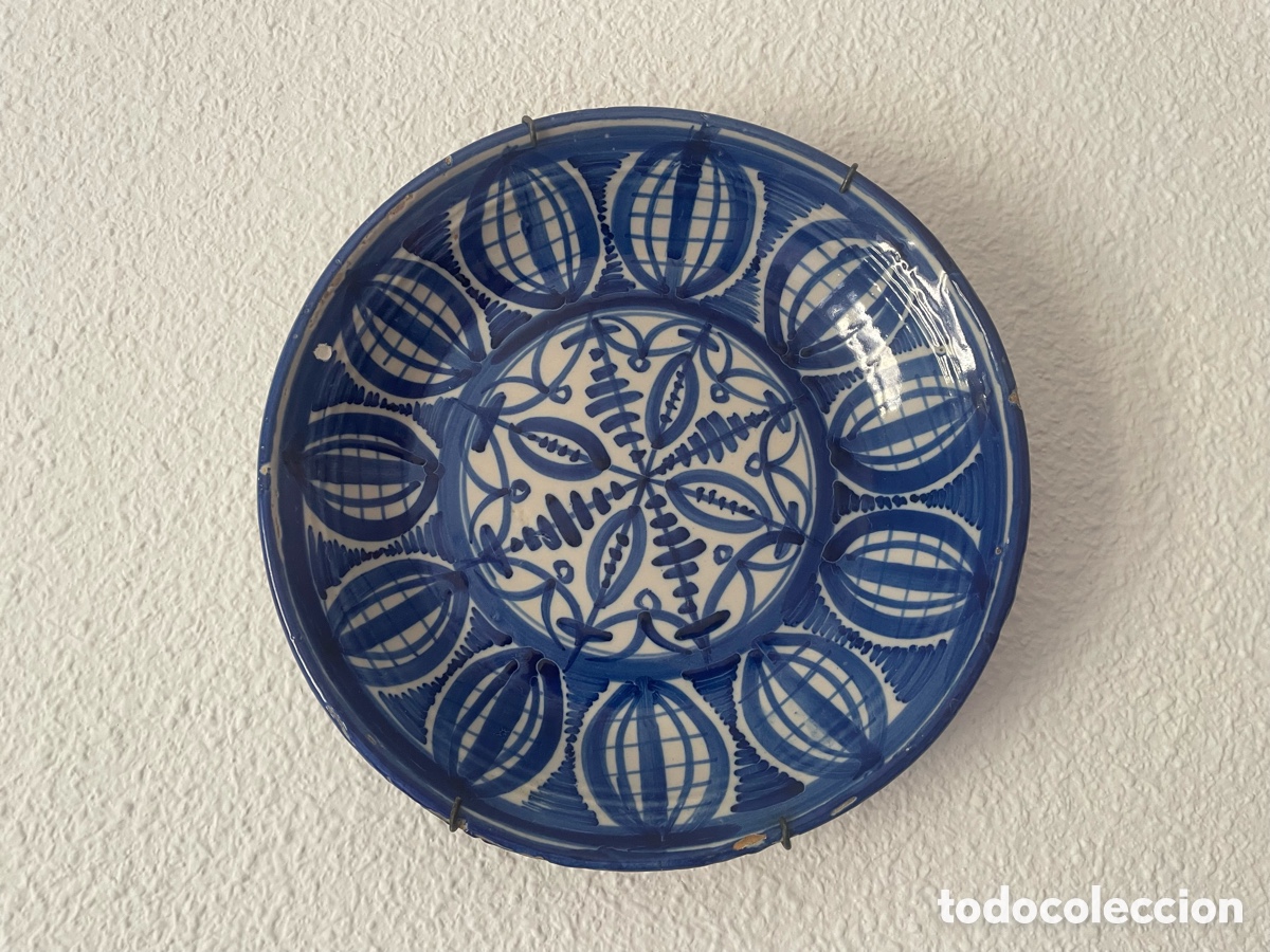 Antig&uuml;edades: Lebrillo cuenco Fajalauza azul y blanco granadas marca F.A. 25,5 cm