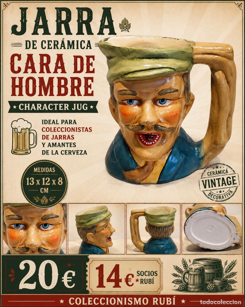 Antig&uuml;edades: ORIGINAL JARRA DE CER&Aacute;MICA CARA DE HOMBRE CON GORRA | CHARACTER JUG | 13 CM