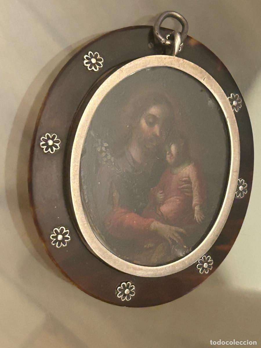 Antig&uuml;edades: Antiguo relicario colonial mexicano San Jos&eacute; con ni&ntilde;o Jes&uacute;s atribuido a Jos&eacute; de P&aacute;ez