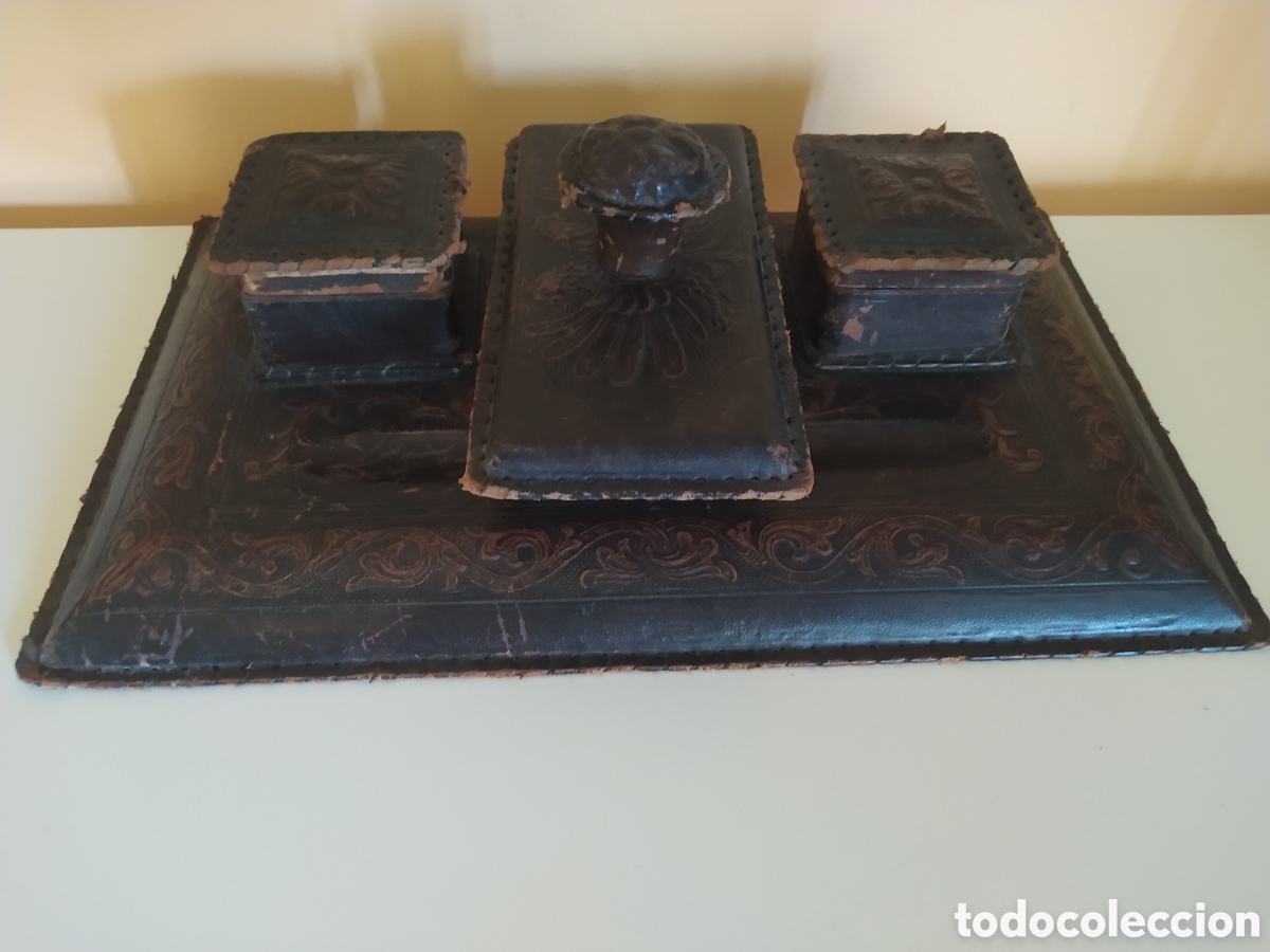 Antig&uuml;edades: Tintero vintage de cuero repujado - Foto 7