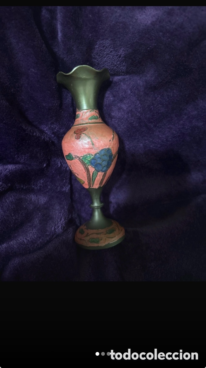 Antig&uuml;edades: Jarr&oacute;n Vintage de Lat&oacute;n Esmaltado - Estilo Cloisonn&eacute; Floral