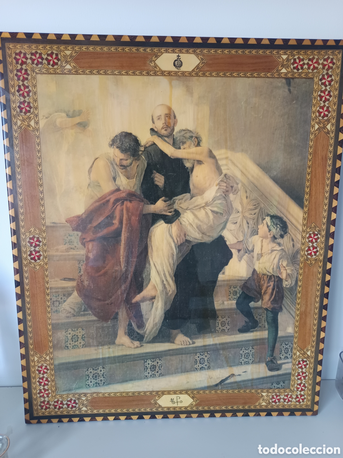 Antiguidades: Cuadro con San Juan de Dios lamina tratada, sello de la Bas&iacute;lica de La Inmaculada Granada