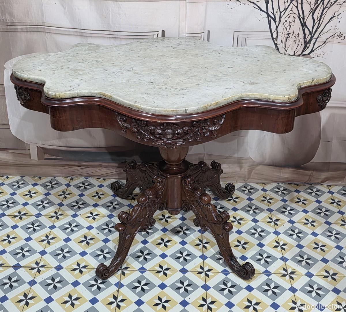 Antig&uuml;edades: Mesa antigua de caoba del siglo XIX con tablero de m&aacute;rmol.