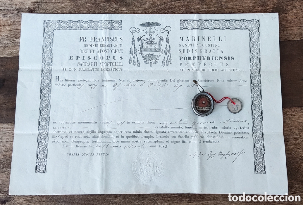 Antig&uuml;edades: Reliquia. Relicario. Documento. Certificado. Santo. Original. Siglo XIX. Santa Sede. Pontificio