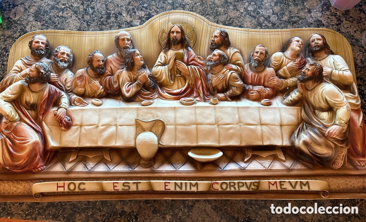 Antig&uuml;edades: Antiguo Relieve Pol&iacute;cromo de La &Uacute;ltima Cena - Inscripci&oacute;n Lat&iacute;n &rdquo;Hoc Est Enim Corpus Meum&rdquo;
