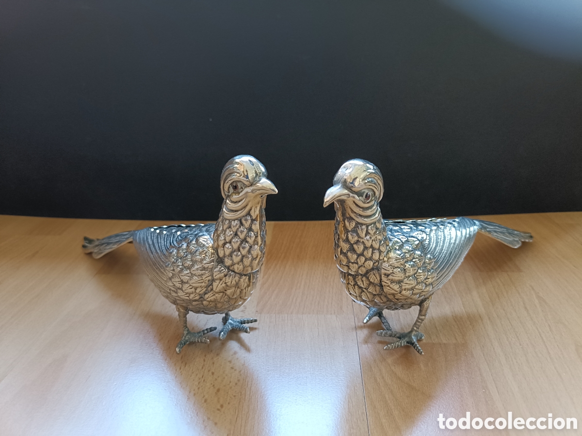 Antig&uuml;edades: Pareja Faisanes Vintage Metal Plateado