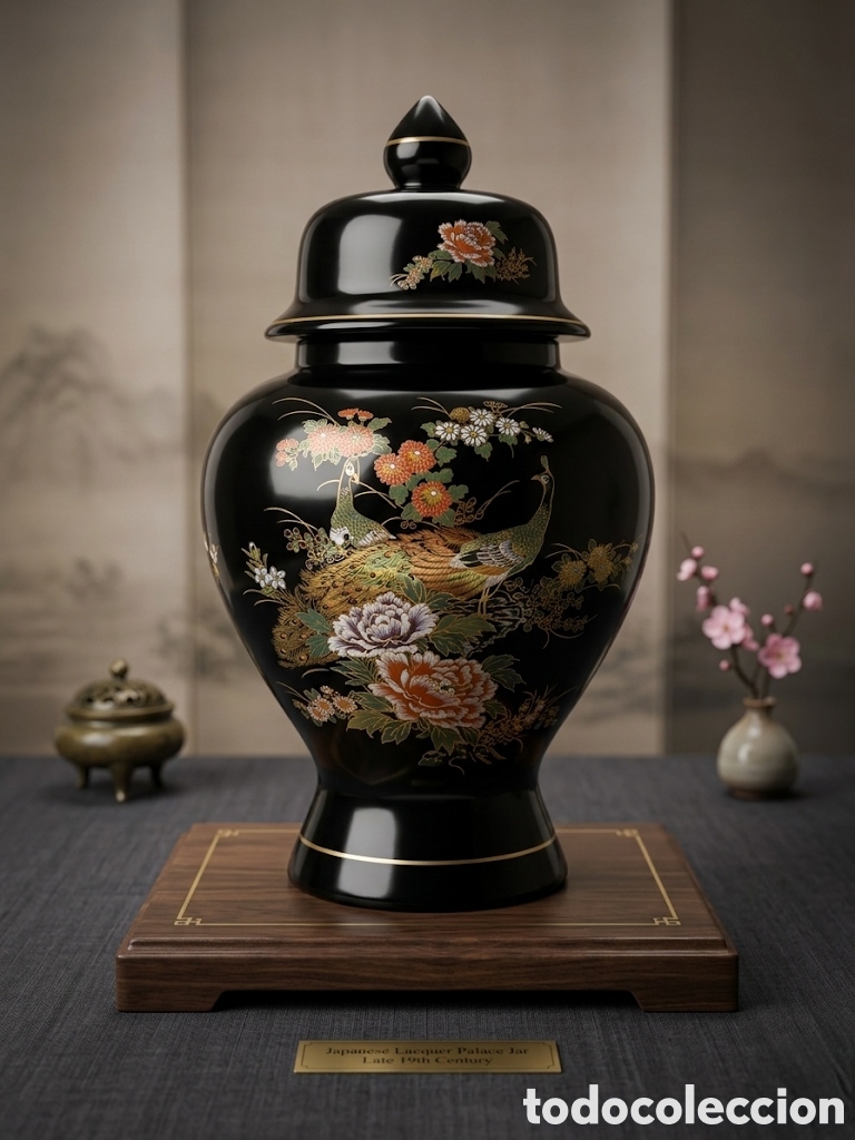 Oggetti Antichi: Jarr&oacute;n de porcelana de estilo japon&eacute;s presenta un acabado negro brillante con intrincados