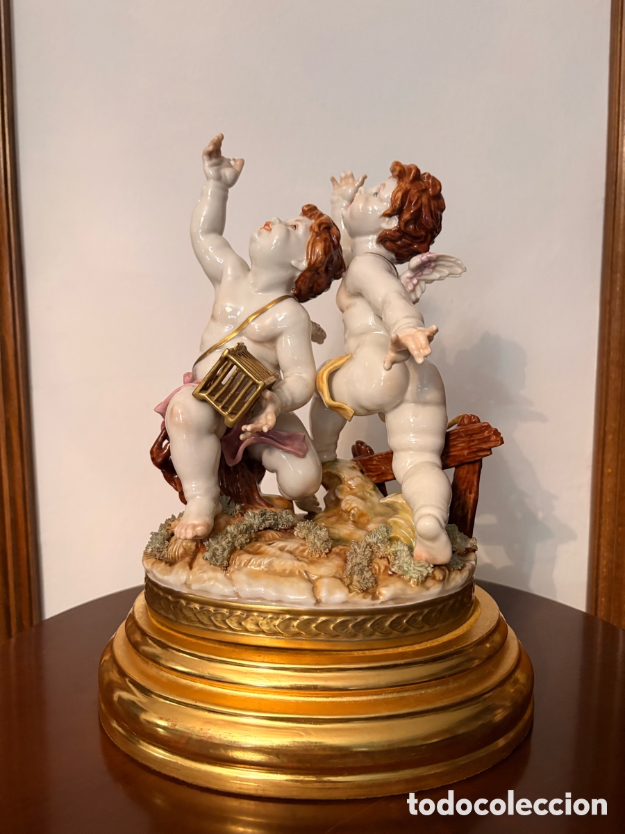 Antiquit&eacute;s: Figura de Porcelana Algora &ldquo;Querubines con Lira&rdquo; sobre peana