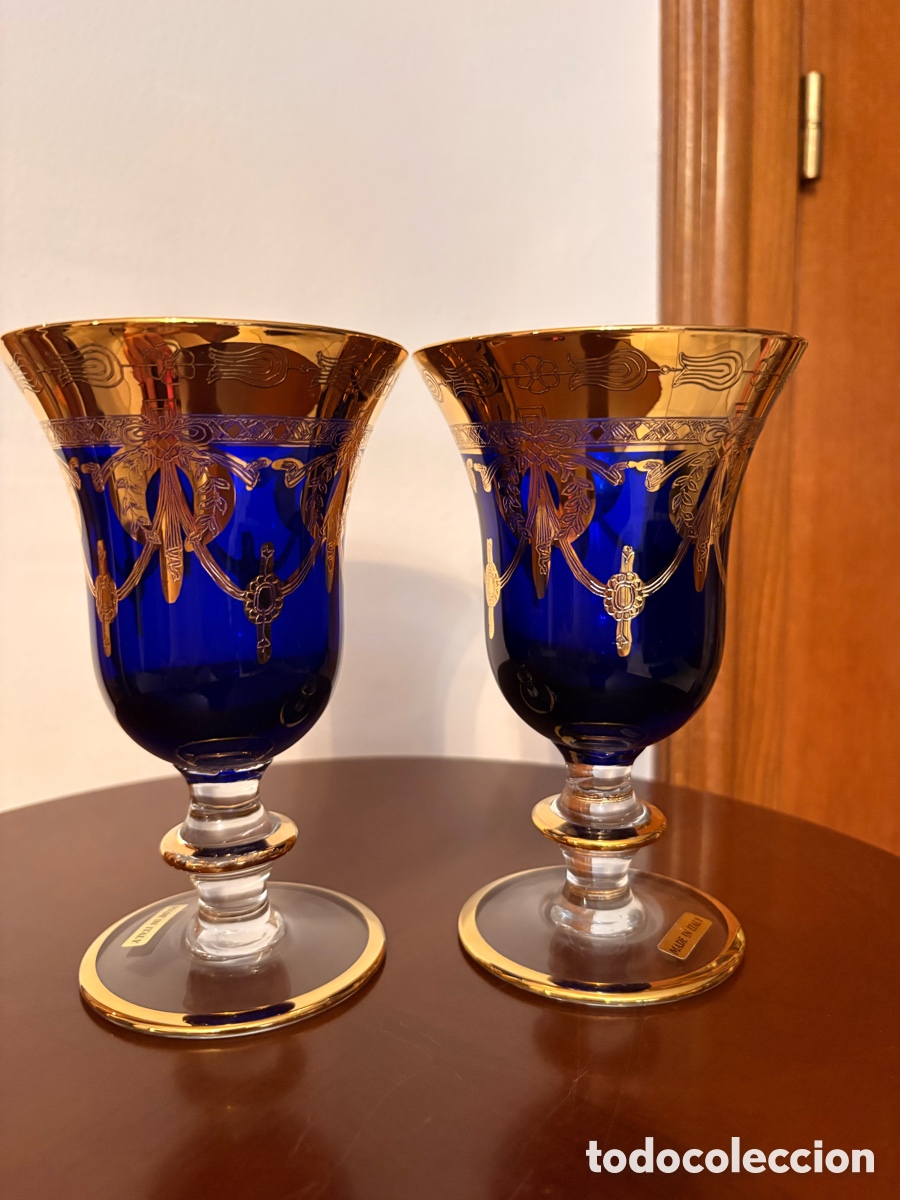 Antig&uuml;edades: Pareja de Copas Italianas Cristal Azul Cobalto y Dorado &ndash; Made in Italy