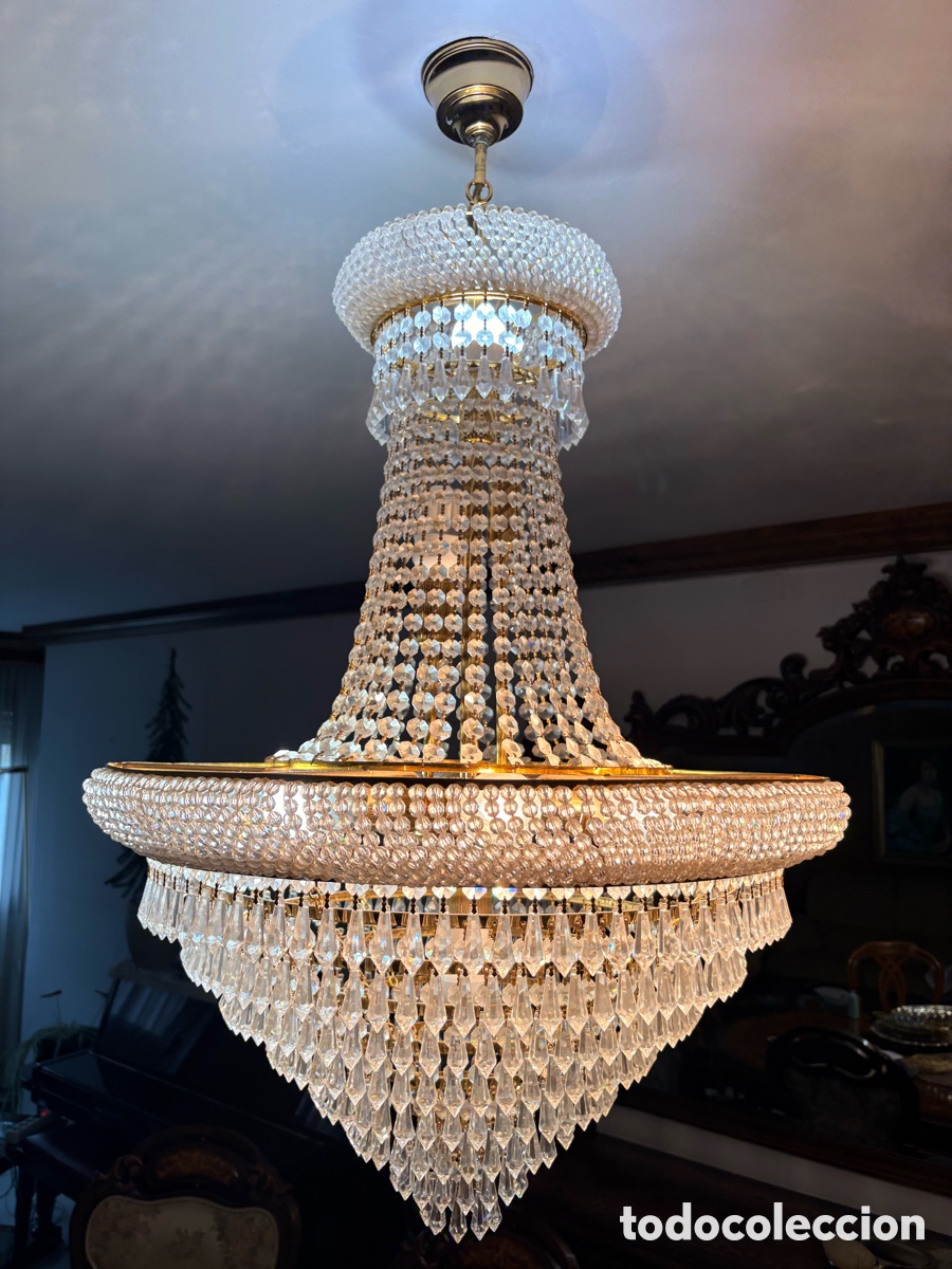 Antig&uuml;edades: L&aacute;mpara de ara&ntilde;a de cristal tipo imperio 97 cm