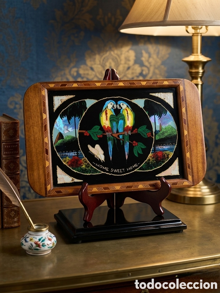 Antiques: Bandeja Art Dec&oacute; brasile&ntilde;a de los a&ntilde;os 30 presenta marqueter&iacute;a de madera y un dise&ntilde;o pintado al