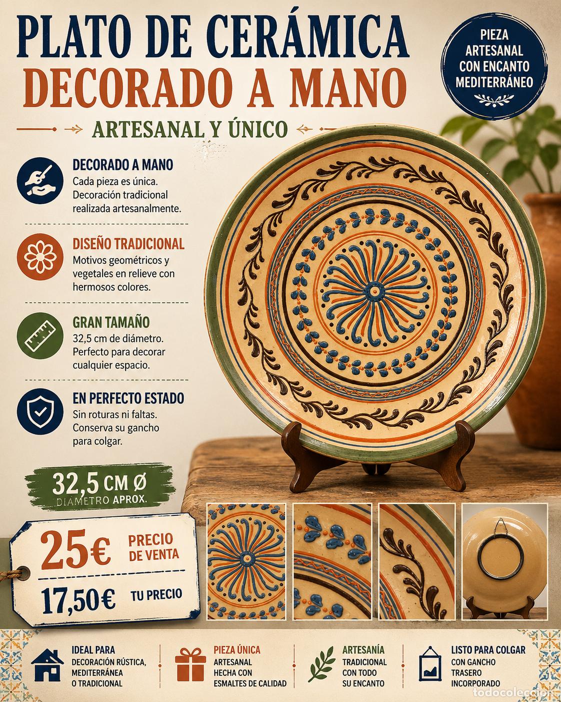 Antig&uuml;edades: PLATO CER&Aacute;MICA DECORADO A MANO | 32,5 CM &Oslash; | ARTESANAL | PERFECTO ESTADO