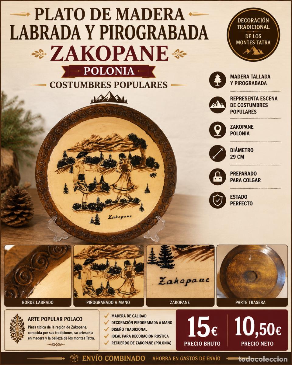 Antiquit&eacute;s: PLATO MADERA PIROGRABADA | ZAKOPANE POLONIA | COSTUMBRES POPULARES | 29 CM &Oslash;