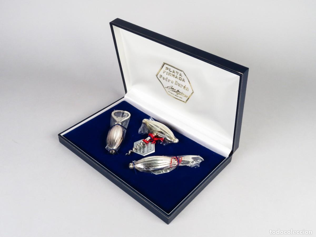 Antig&uuml;edades: Set de 3 abrebotellas y sacacorchos de plata Pedro Dur&aacute;n con su estuche siglo XX