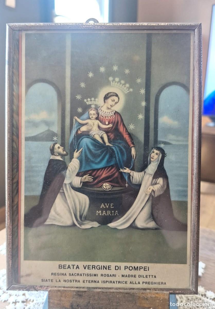 Antig&uuml;edades: Antigua Lamina Virgen Vergine Di Pompei en marco de metal y cristal