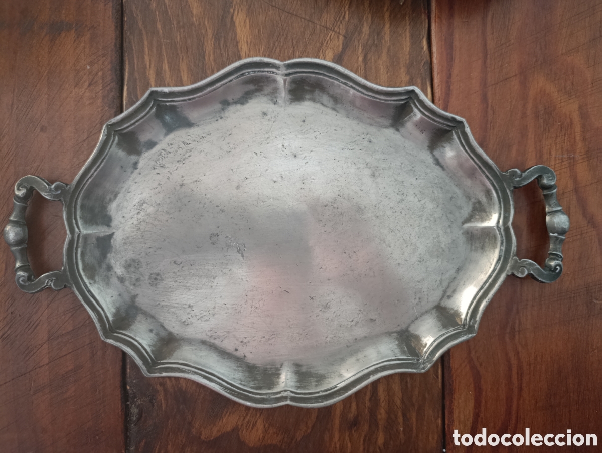Antig&uuml;edades: Bandeja Antigua De Peltre Con Asas (31 cm) - Siglo XVIII/XIX Con Punzones Gremiales