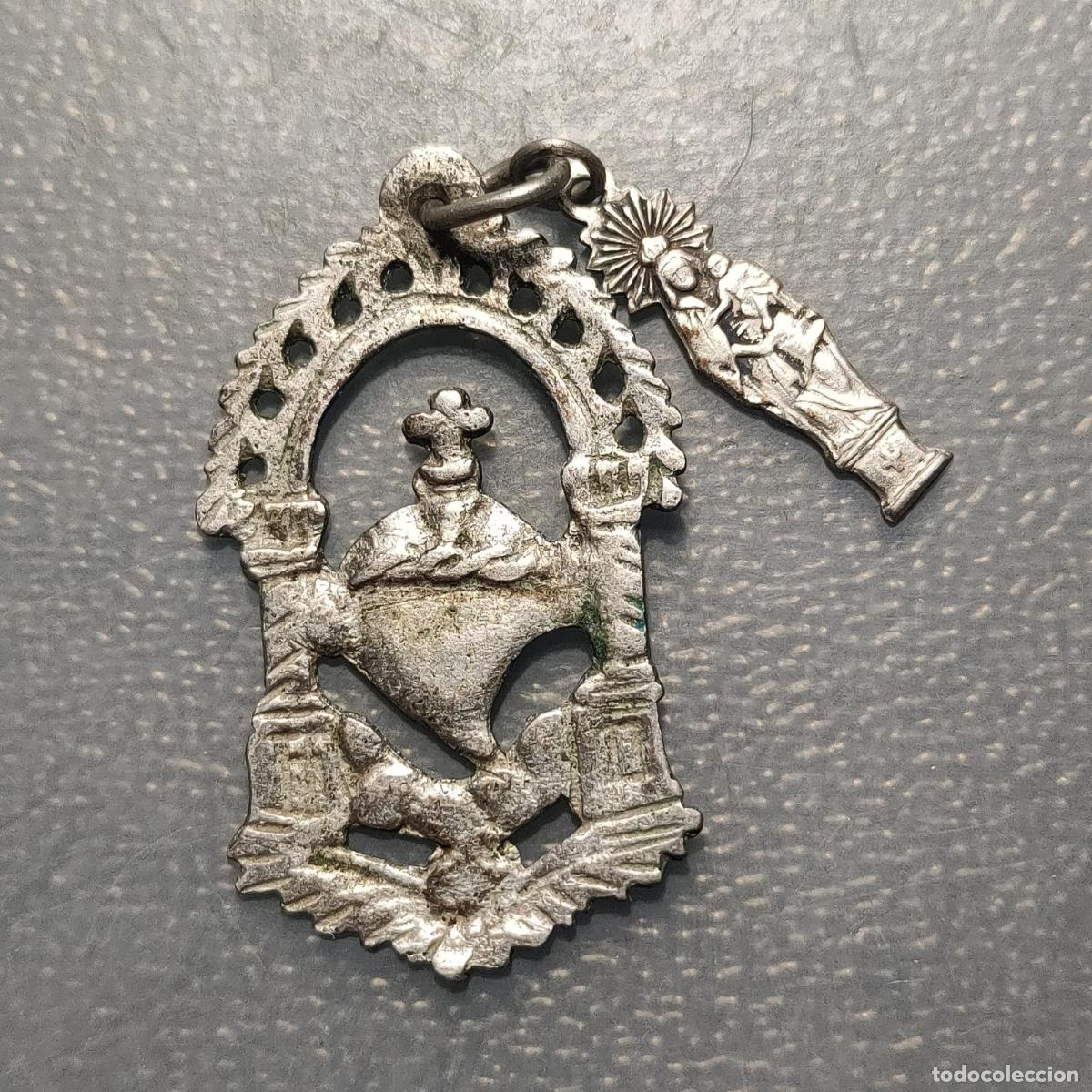Antig&uuml;edades: MEDALLA RELIGIOSA S. XIX SAGRADO CORAZON DE JESUS VIRGEN DEL PILAR PLATA CALADA