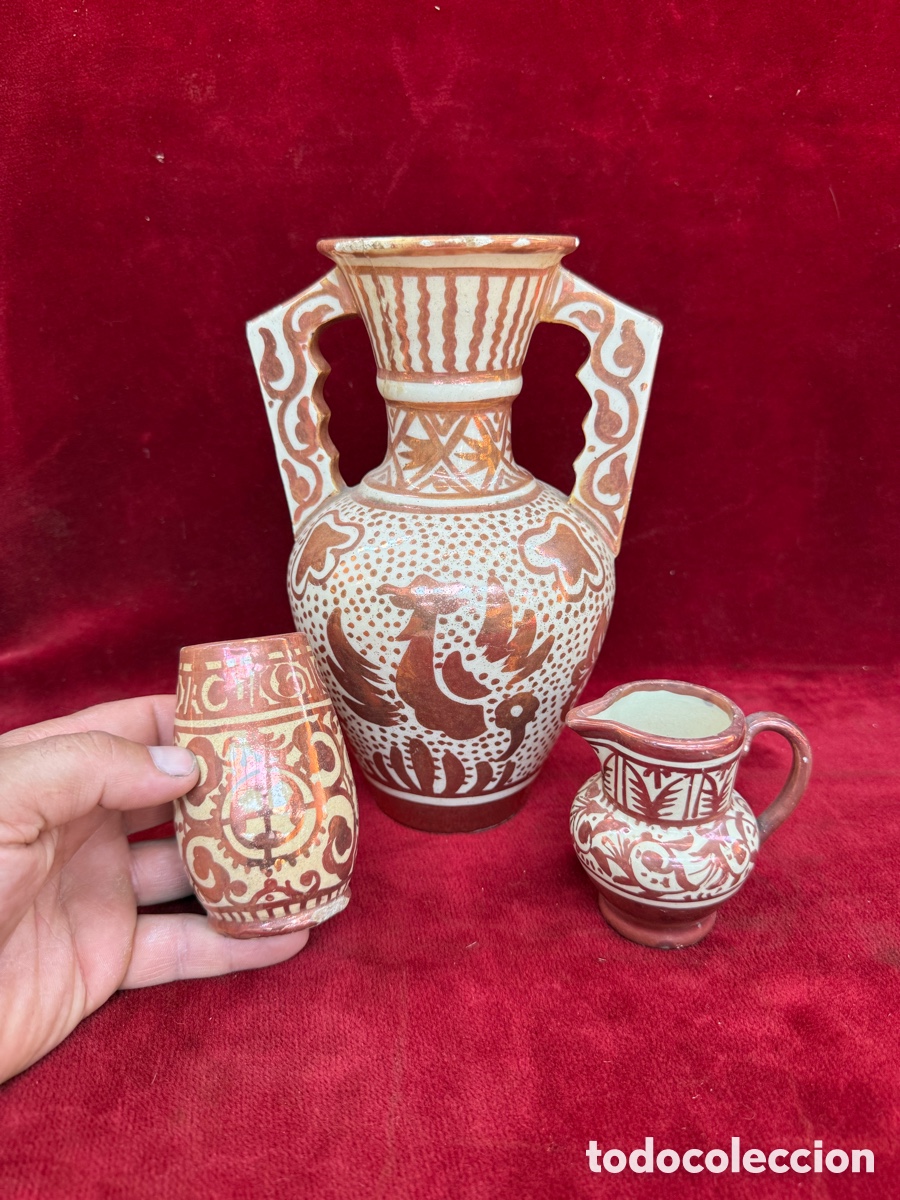 Antig&uuml;edades: Lote de 3 antiguos jarrones de Manises,reflejo metalico!