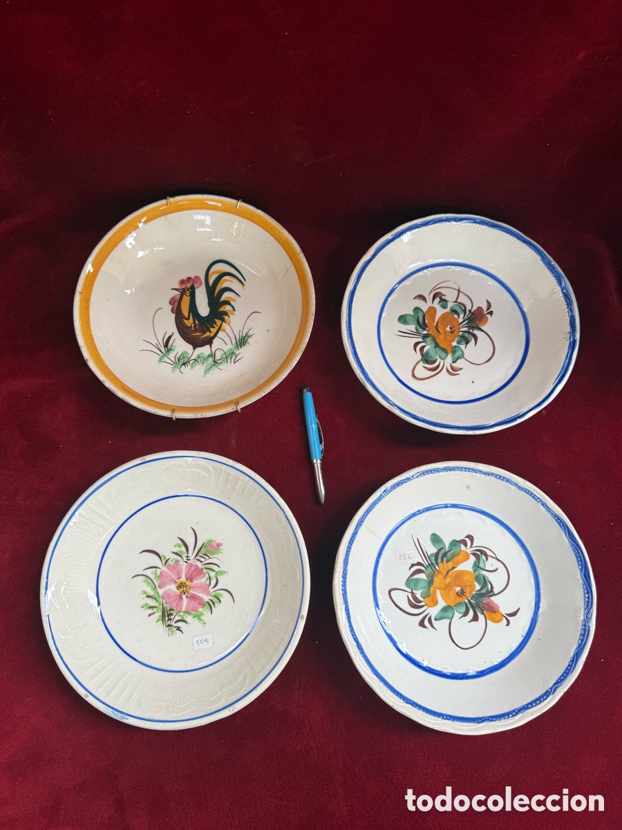 Antig&uuml;edades: Lote de 4 platos antiguos de loza,pintados a mano!