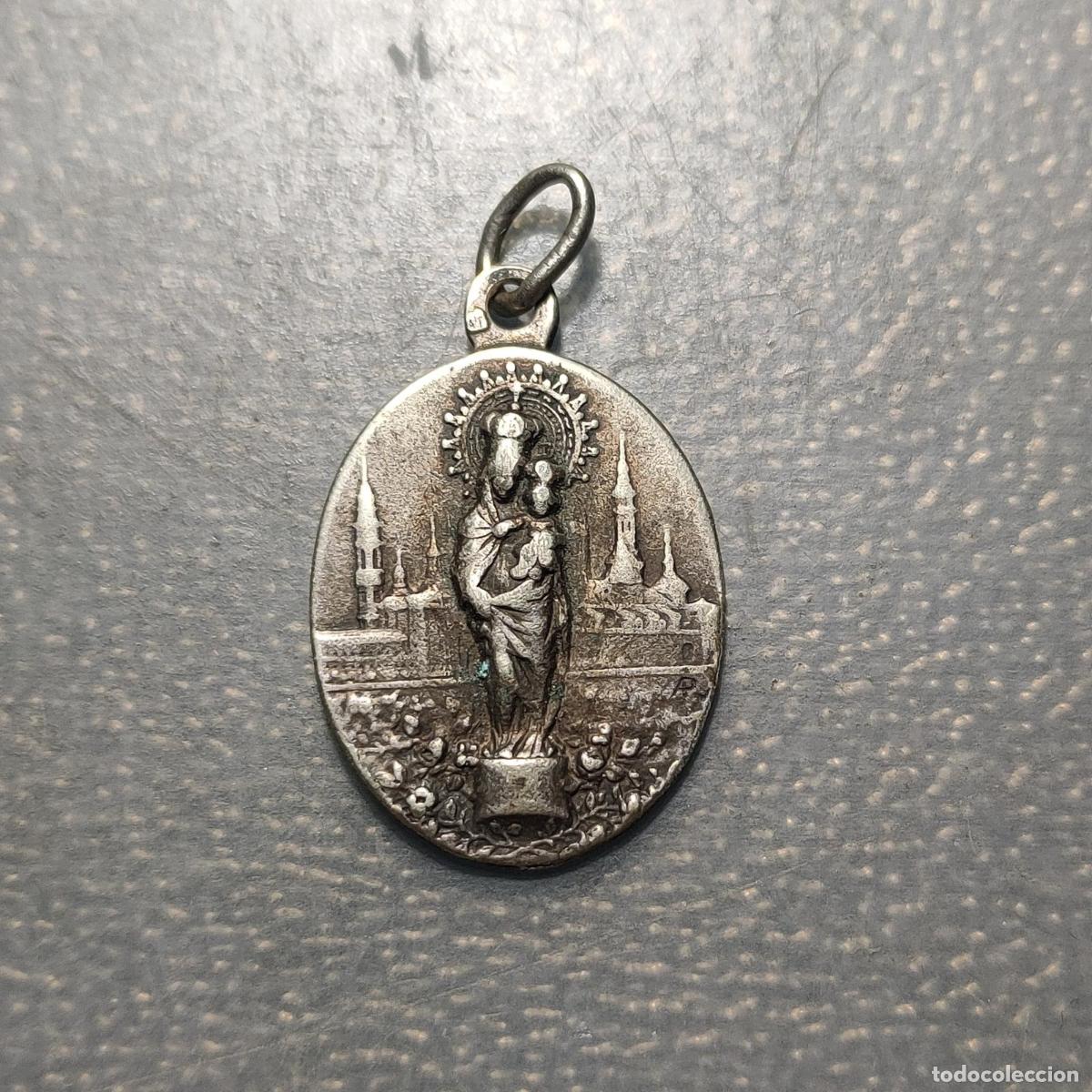 Antig&uuml;edades: MEDALLA RELIGIOSA ZARAGOZA VIRGEN DEL PILAR SAGRADO CORAZON DE JESUS PLATA