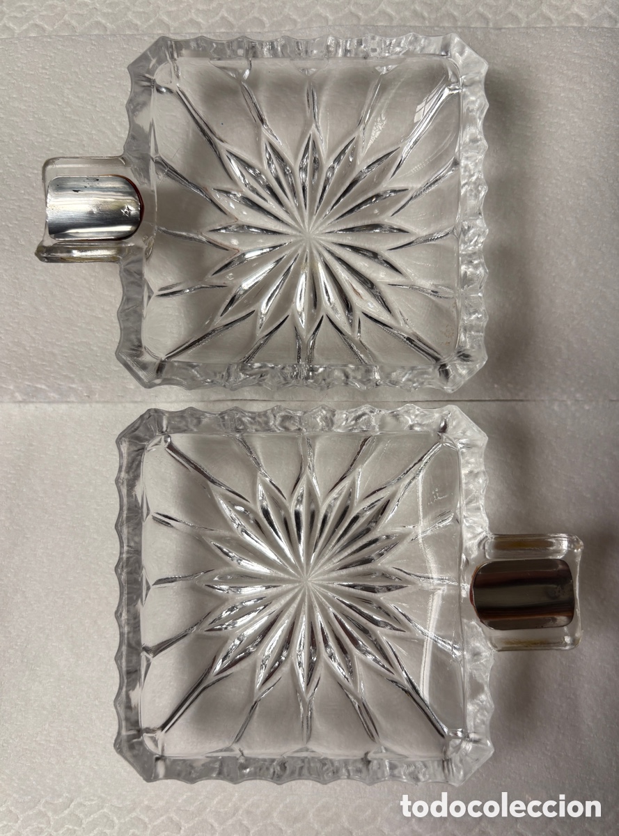 Antig&uuml;edades: (L797) Pareja de Ceniceros Vintage Cristal Tallado y Plata de Ley &ndash; Estrella de 5 Puntas