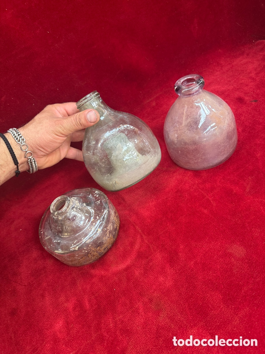 Antig&uuml;edades: Lote de 3 antiguos atrapamoscas de cristal,distintos!