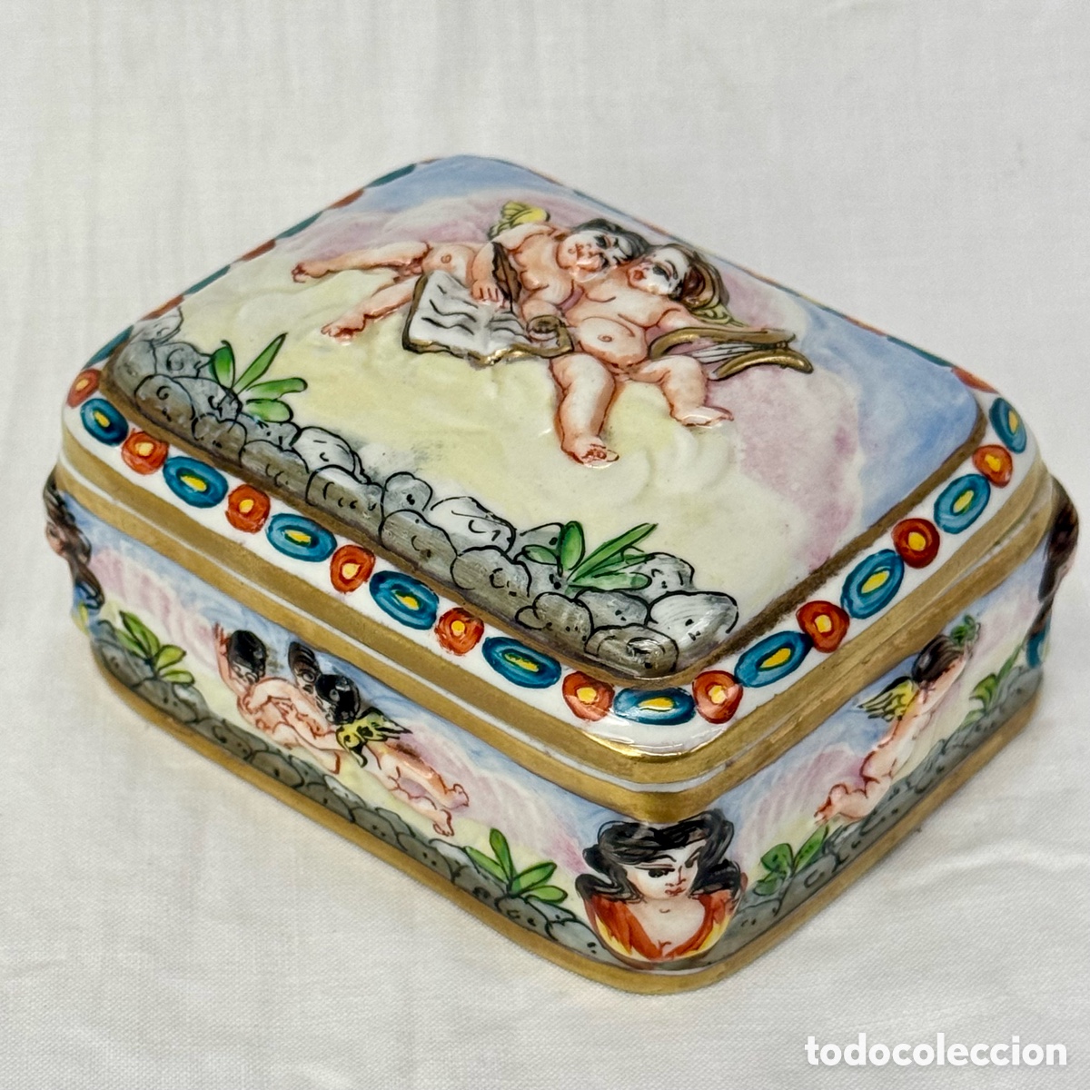 Antiques: CAJA JOYERO PORCELANA PINTADA ALVAREZ FIGURA NI&Ntilde;OS ANGELES FLORES TIPO ESTILO CAPODIMONTE