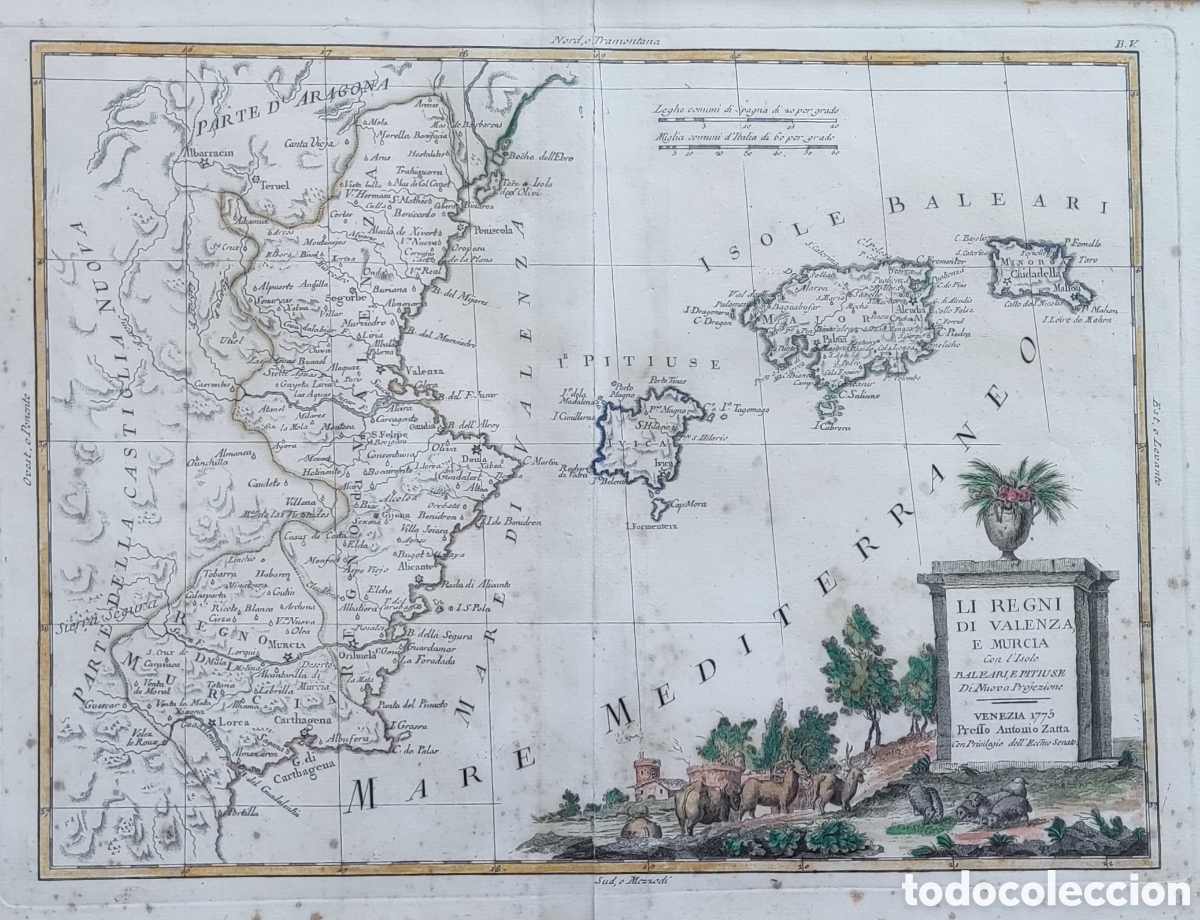 Antig&uuml;edades: Mapa. Valencia. Murcia. Baleares. Pitiusas. Antonio Zatta. Venecia. 1775. Original. Coloreado a mano