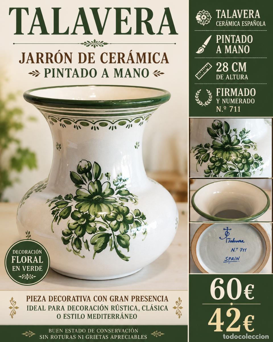 Antig&uuml;edades: JARR&Oacute;N CER&Aacute;MICA TALAVERA | PINTADO A MANO Y FIRMADO | 28 CM | DECORACI&Oacute;N FLORAL VERDE