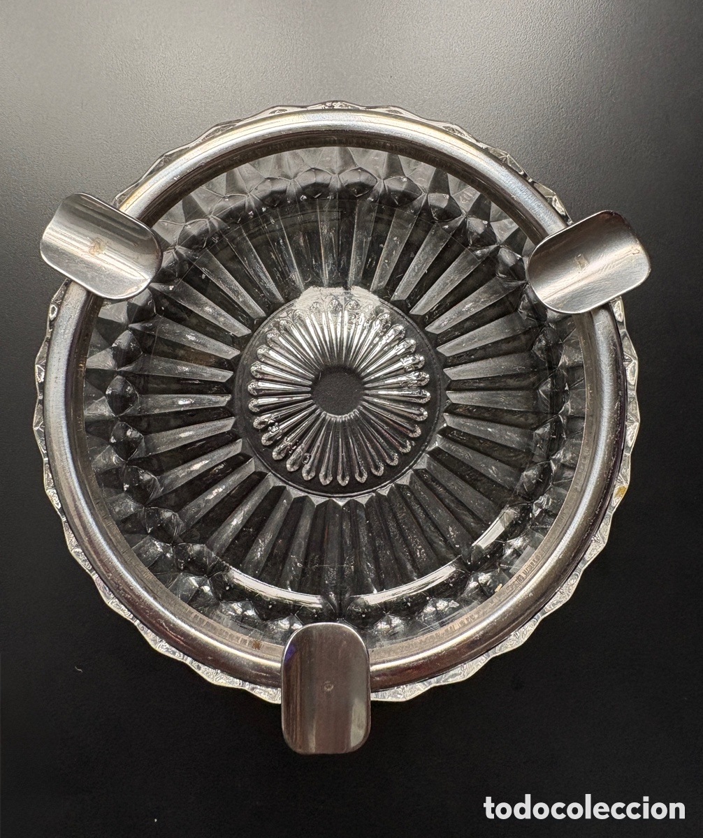 Antig&uuml;edades: (L800) Cenicero cristal prensado Duralex + aro plateado, 3 apoyos, Made in France, a&ntilde;os 60-70