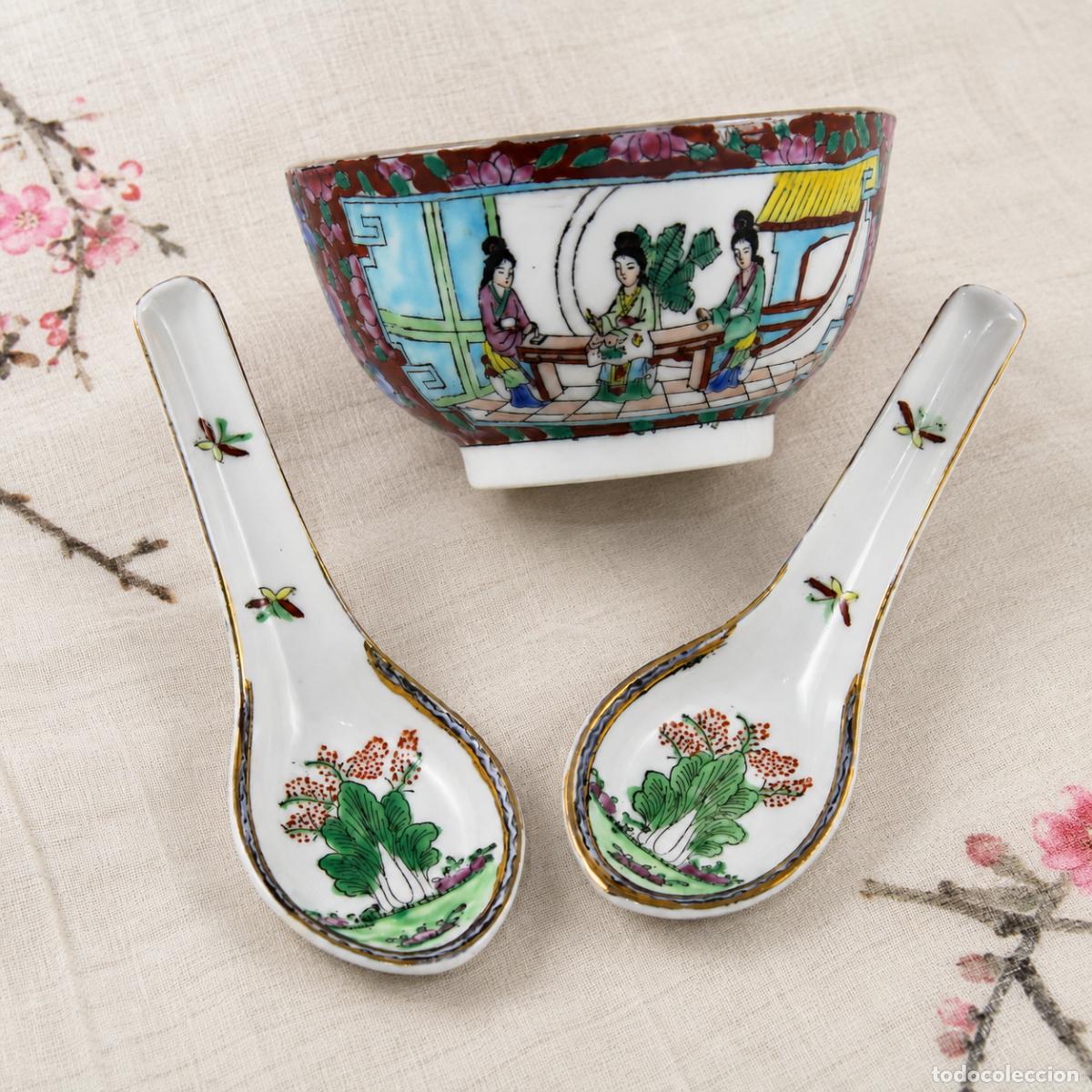 Antig&uuml;edades: Cuenco Sopa y Cucharas Porcelana China Lotus Blooms Famille Rose Vintage