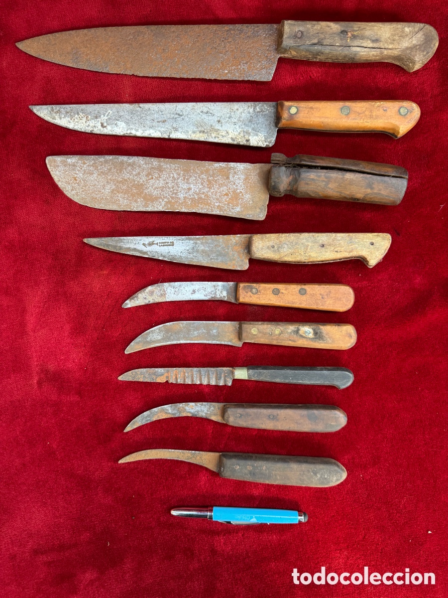 Antig&uuml;edades: Gran lote de 9 cuchillos antiguos de cocina! Forja! Uno con sello!