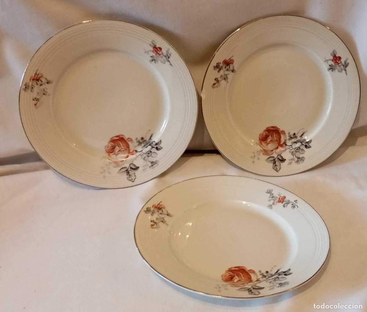 Antiquit&eacute;s: 3 Platos de porcelana Porsgrund Noruega Rosas. Conjunto de platos de porcelana de la marca Porsgrund