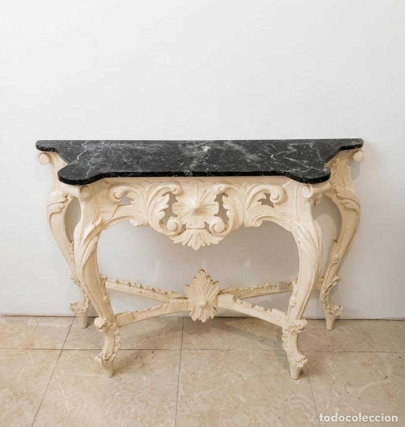 Antiques: Antigua Consola Recibidor Estilo Luis XV - Madera Tallada y M&aacute;rmol Negro (Aprox. 1960)