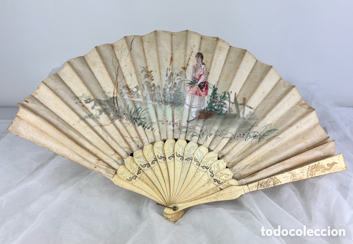 Antig&uuml;edades: ABANICO PA&Iacute;S TELA PINTADA, VARILLAJE EN HUESO - 1910-20