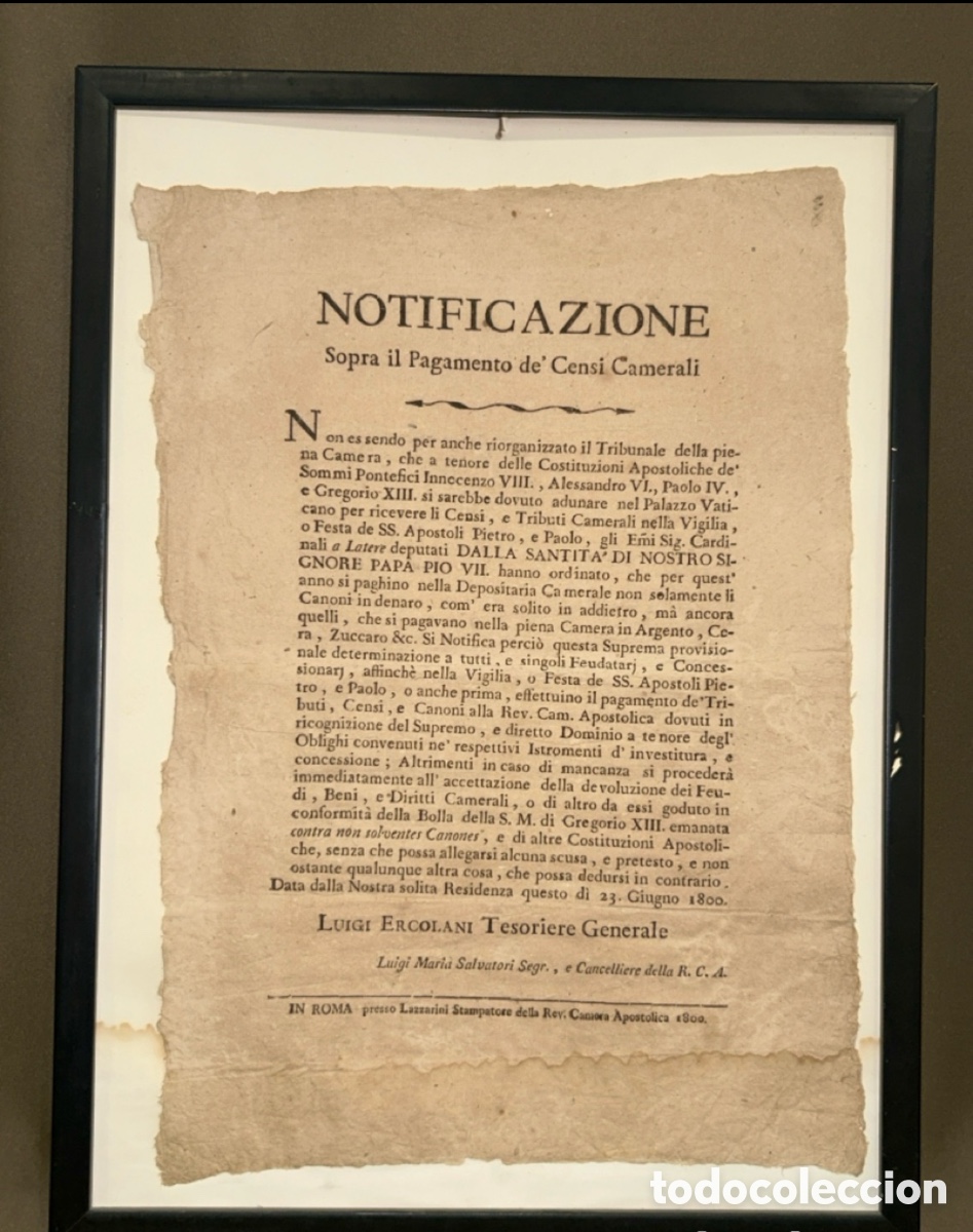 Antig&uuml;edades: DOCUMENTO HIST&Oacute;RICO VATICANO DE 1800: NOTIFICACI&Oacute;N DE LA REVERENDA C&Aacute;MARA APOST&Oacute;LICA EN ROMA
