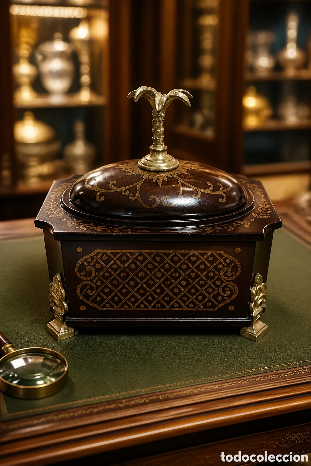 Antig&uuml;edades: ANTIGUA CAJA, JOYERO ELABORADO EN METAL CON DECORACI&Oacute;N EN BRONCE