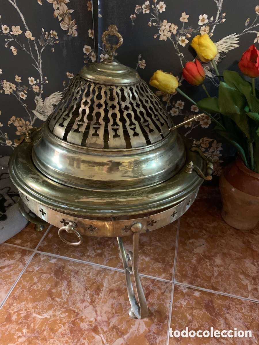 Antig&uuml;edades: Antiguo Brasero - Bronce, Lat&oacute;n - con tapa (Pollera), Pala (Badila) y Pie - S.XIX