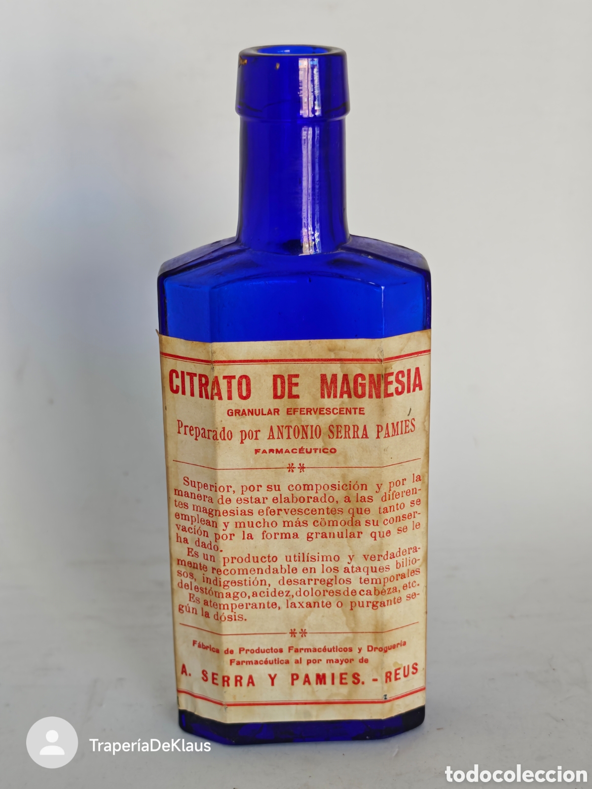 Antig&uuml;edades: Antigua botella - frasco farmacia - citrato de magnesia - antonio serra pamies - car240