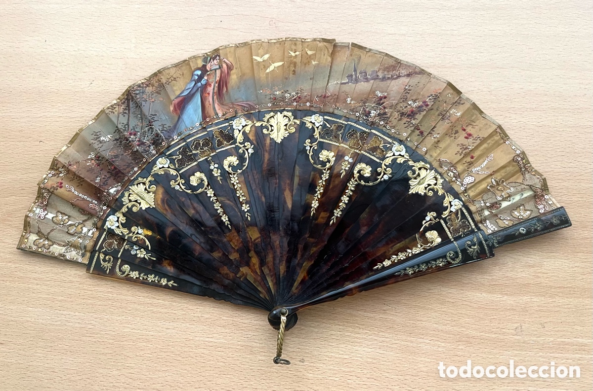 Antig&uuml;edades: ABANICO DE CAREY Y PAIS TELA PINTADA - MODERNISTA, (1900-20)