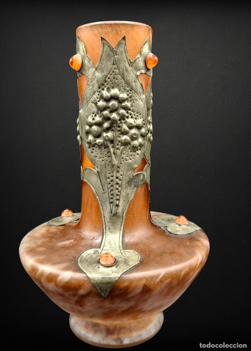 Antig&uuml;edades: + JARRON ARTDECO SCHNEIDER LE VERRE FRAN&Ccedil;OIS CON DECORACIONES METALICAS Y PIEDRAS NATURALES