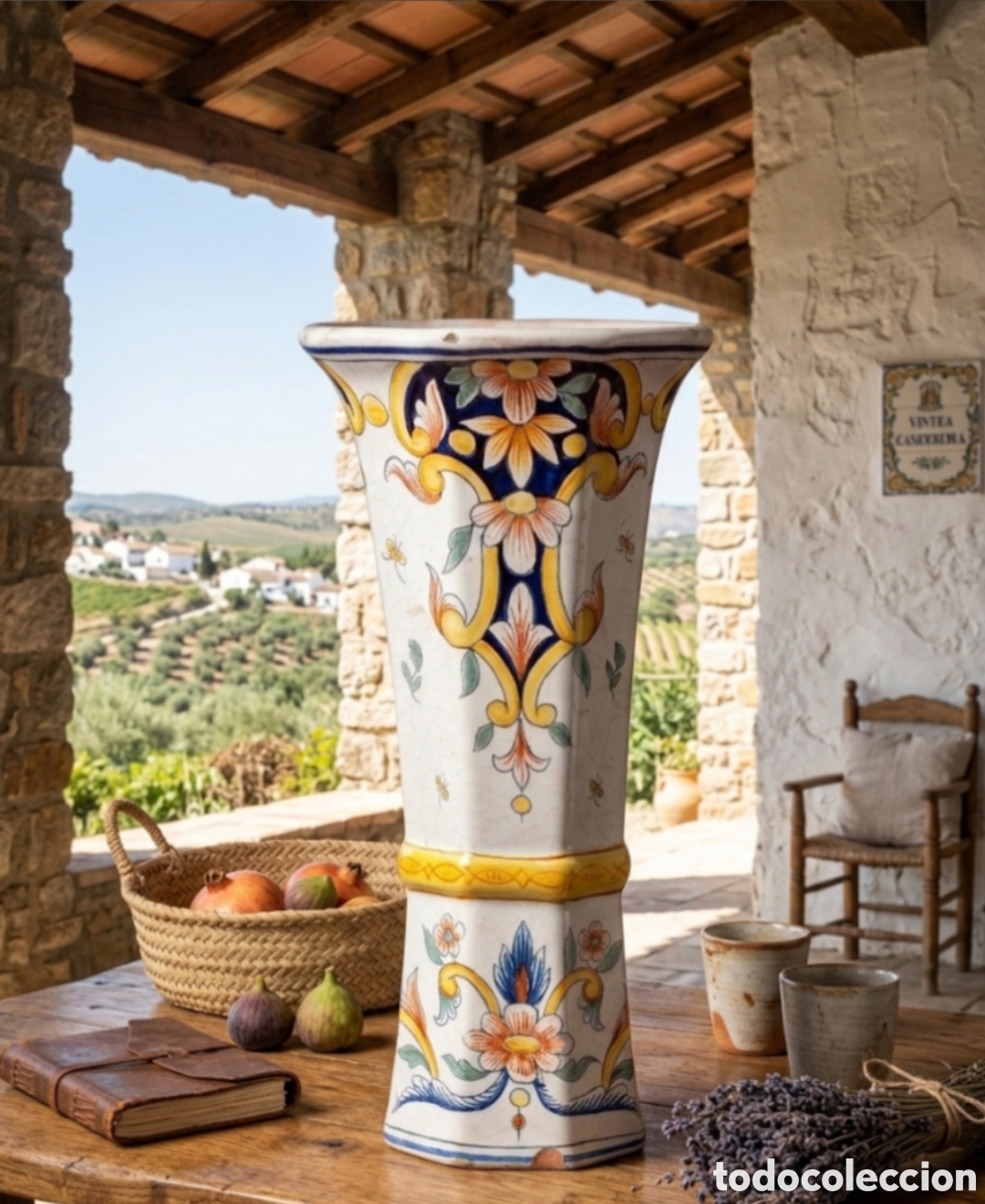 Antig&uuml;edades: Antiguo Jarr&oacute;n de Trompeta Octogonal - Cer&aacute;mica de Talavera / El Puente del Arzobispo - Serie Alcore