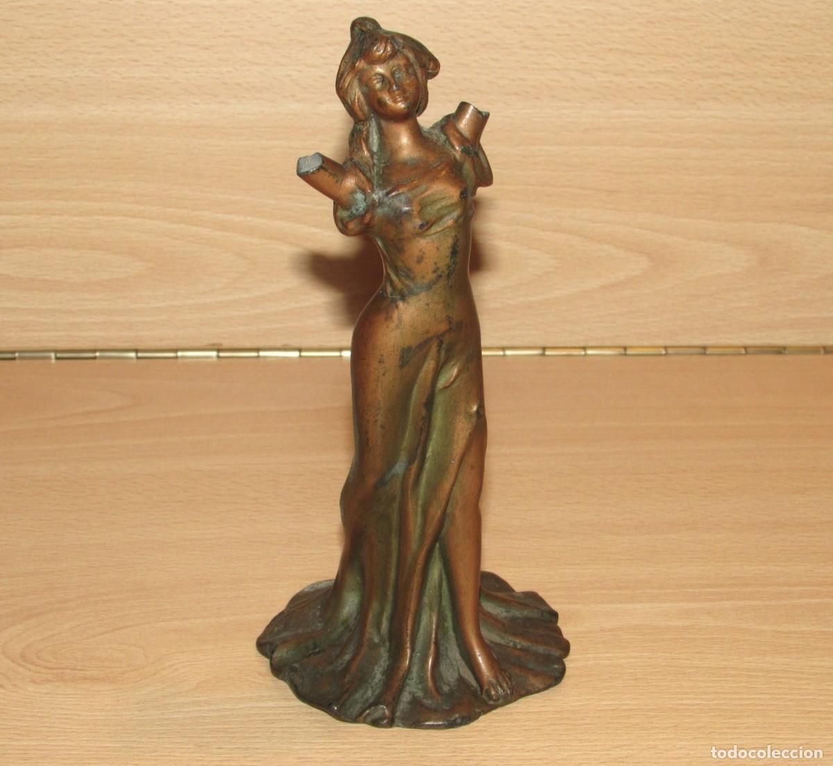 Antig&uuml;edades: Antigua escultura francesa figura mujer dama metal modernista estilo Art Nouveau Francia