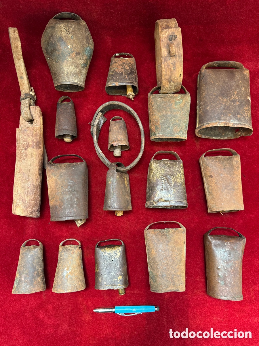 Antig&uuml;edades: Gran lote +10 cencerros antiguos! Alguno con badajo de hueso!
