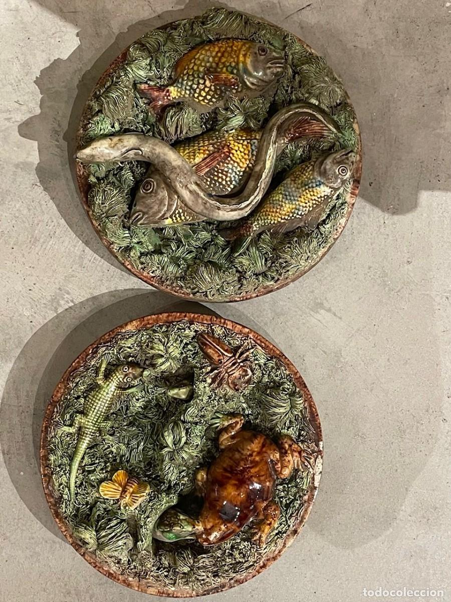 Antiquit&auml;ten: Pareja de platos de Manuel Mafra, Caldas da Rainha, Palisy Majolica, Finales del XIX.