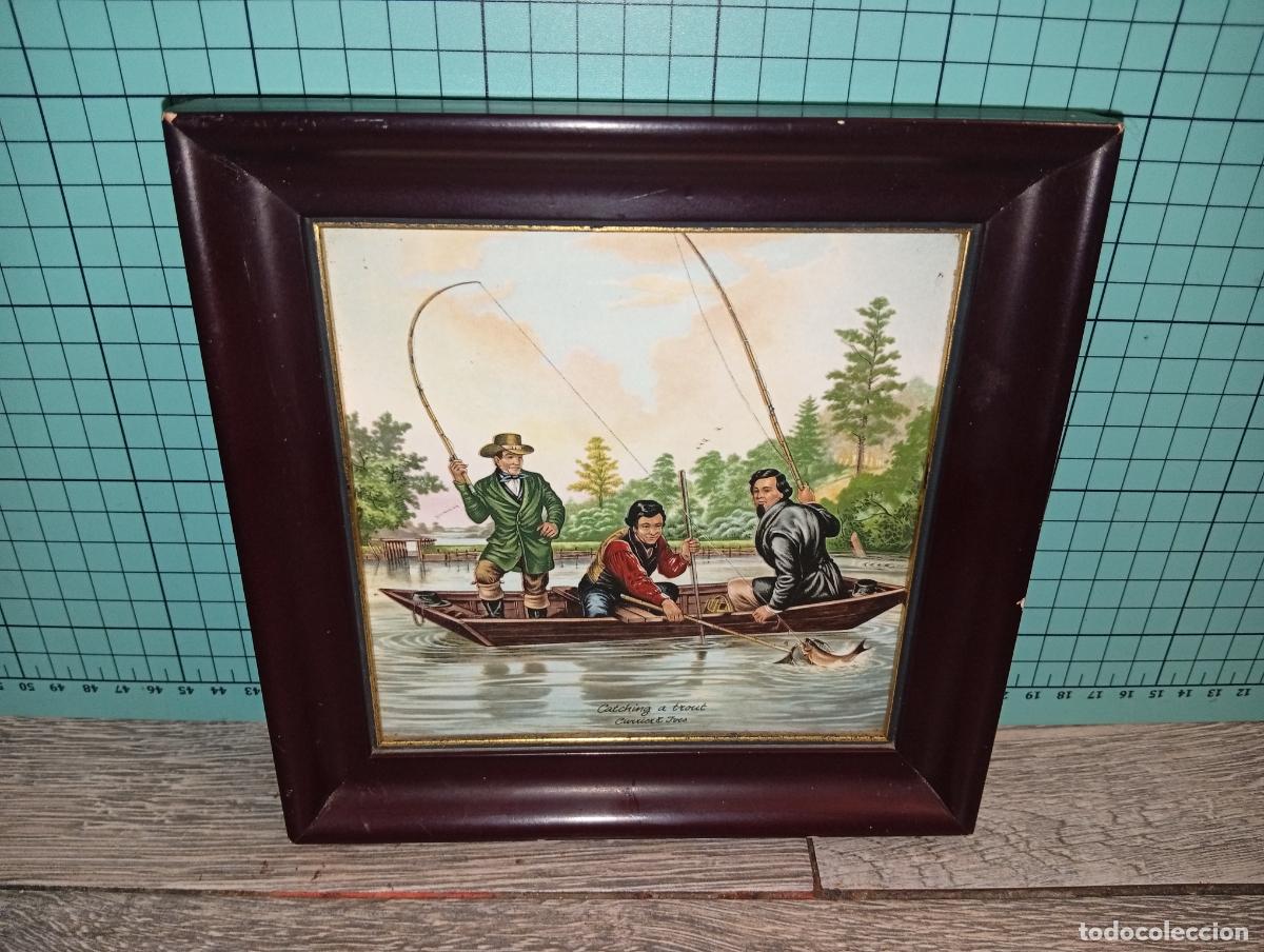 Antig&uuml;edades: Azulejo Cer&aacute;mico Vintage Enmarcado Catching a Trout de Currier & Ives - Escena Cl&aacute;sica de Pesca