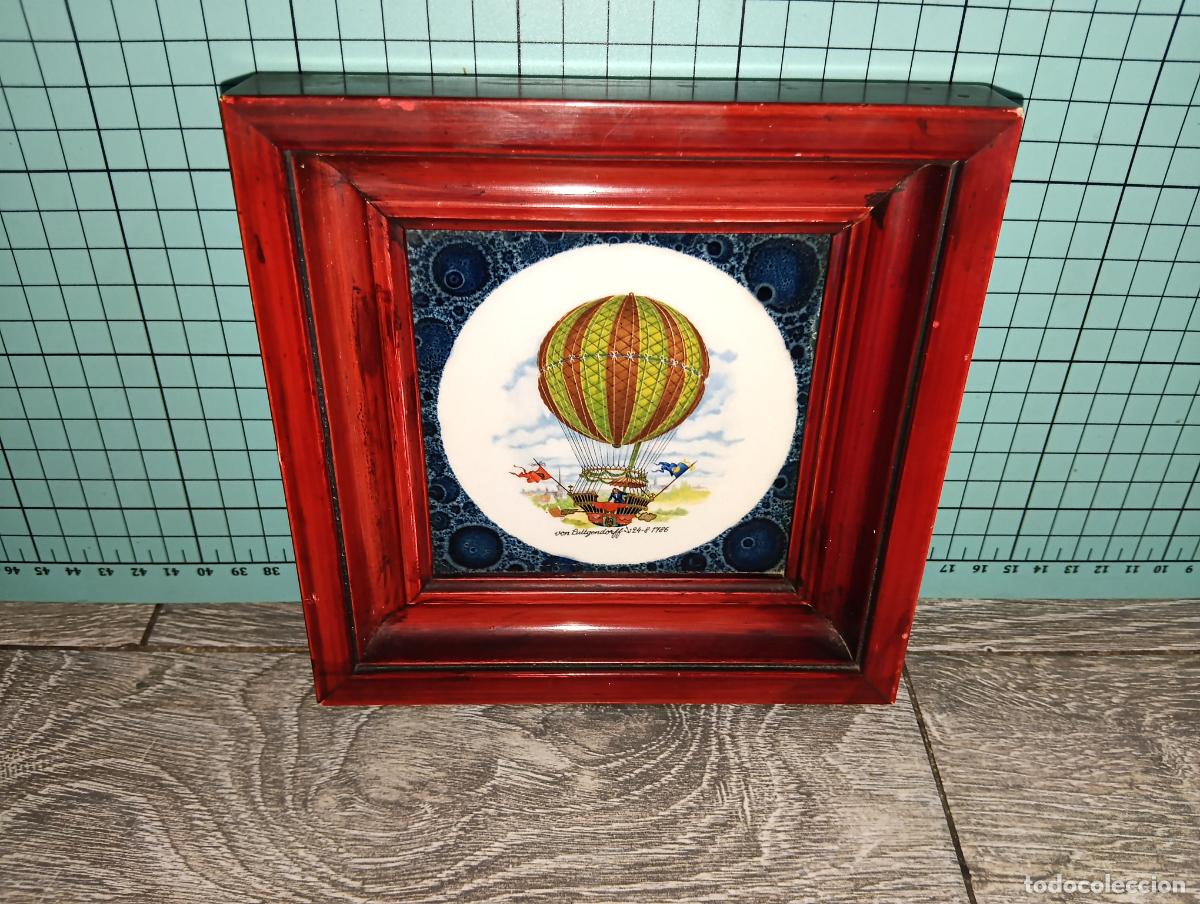Antig&uuml;edades: Azulejo Cer&aacute;mico Vintage Enmarcado Cedolesa - Globos Aerost&aacute;ticos Von Luttgendorff