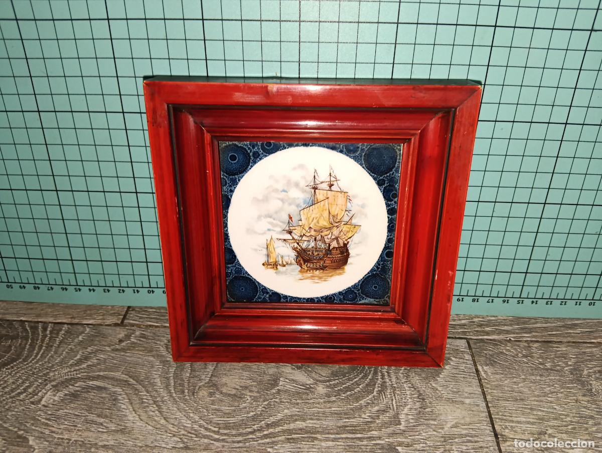 Antig&uuml;edades: Azulejo Cer&aacute;mico Vintage Enmarcado Cedolesa con Escena Mar&iacute;tima de Gale&oacute;n Antiguo