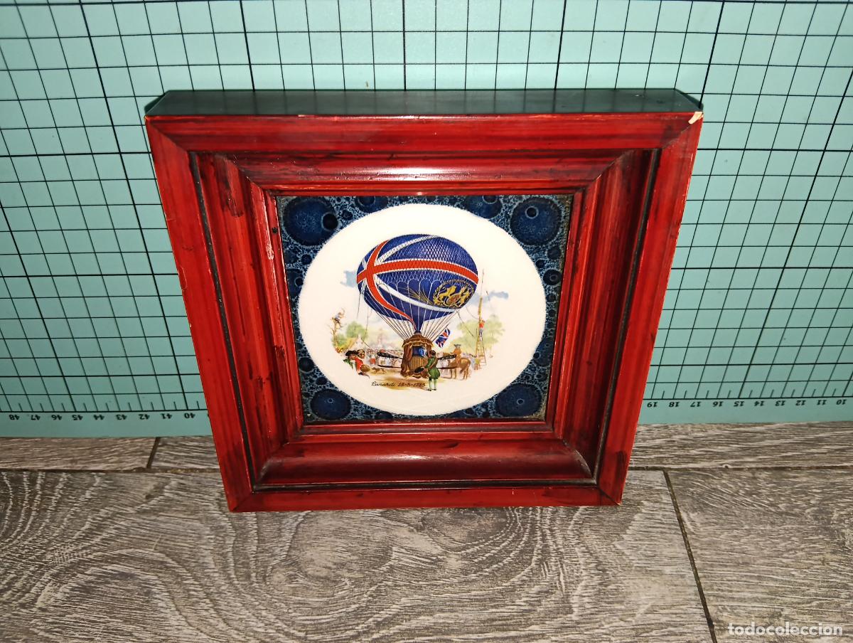 Antig&uuml;edades: Azulejo Cer&aacute;mico Vintage Enmarcado Cedolesa Globo Aerost&aacute;tico Vincenzo Lunardi 1785 16x16