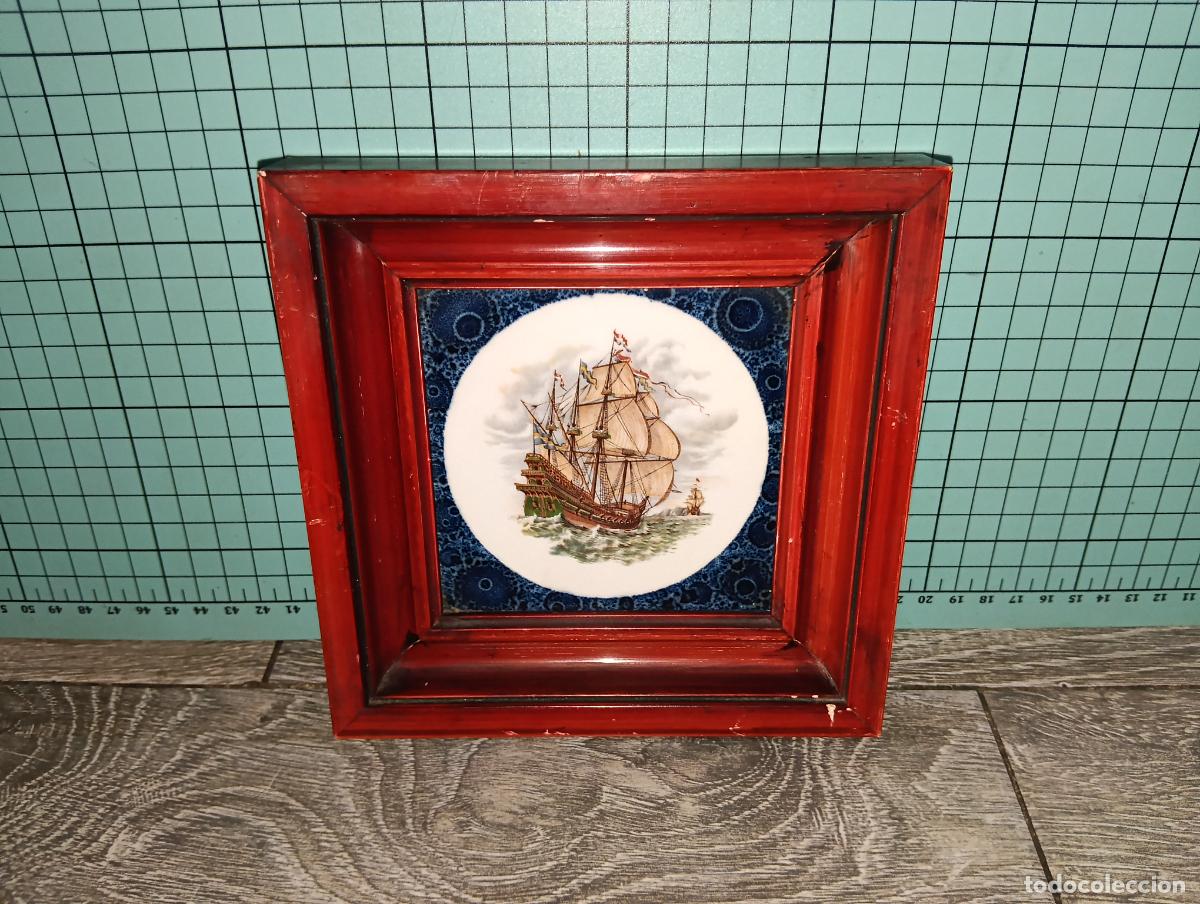 Antig&uuml;edades: Azulejo Cer&aacute;mico Vintage Enmarcado Cedolesa Escena mar&iacute;tima Nav&iacute;o Barco Gale&oacute;n Carabela cara16x16